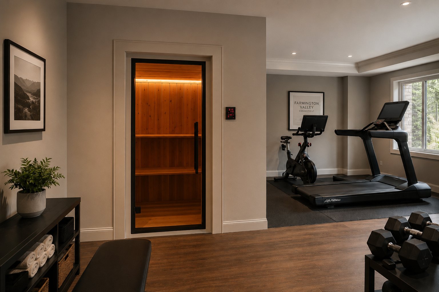 A built-in cedar sauna with glowing glass door beside a home gym in a Farmington Valley wellness room