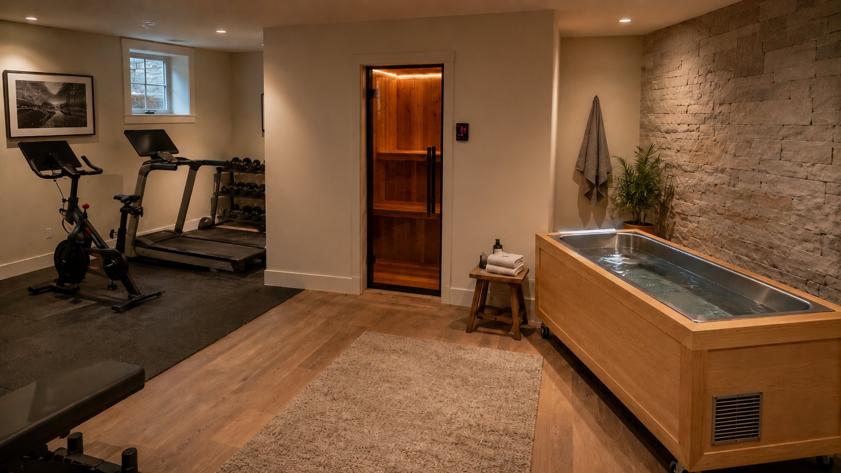 Wellness suite with home gym, built-in sauna and cold plunge